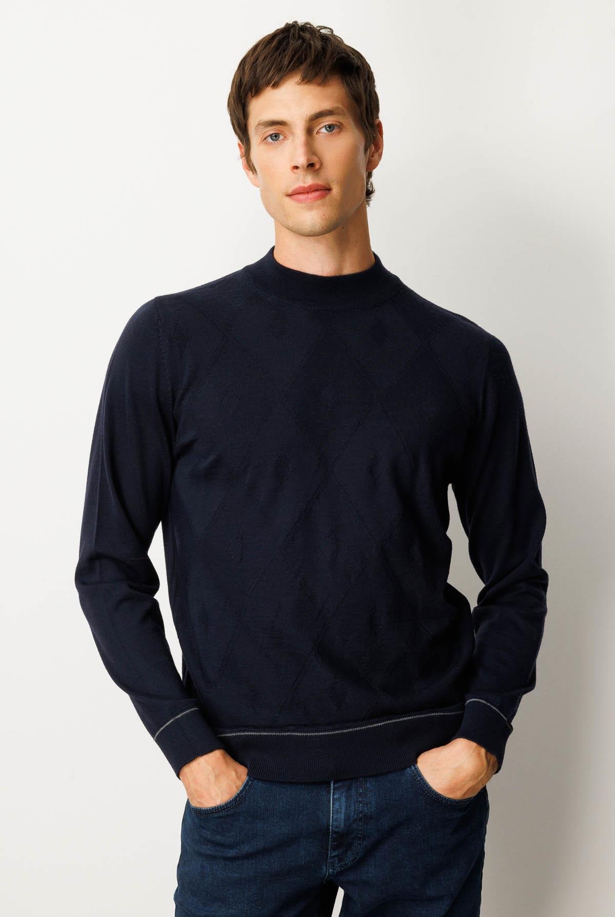 25605Erkek Yarım Balıkçı Yaka Çizgili Baklavalı Yün Kazak K.Lacivert