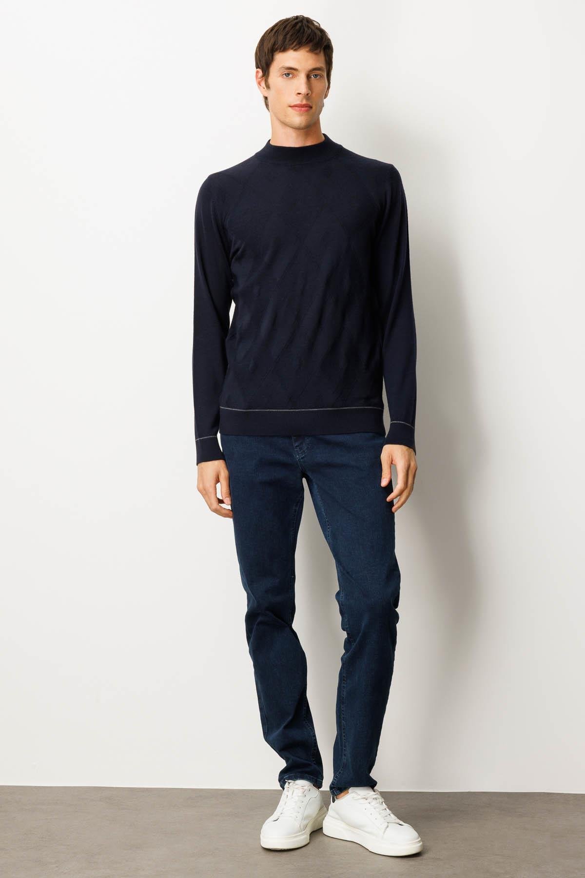 25605Erkek Yarım Balıkçı Yaka Çizgili Baklavalı Yün Kazak K.Lacivert