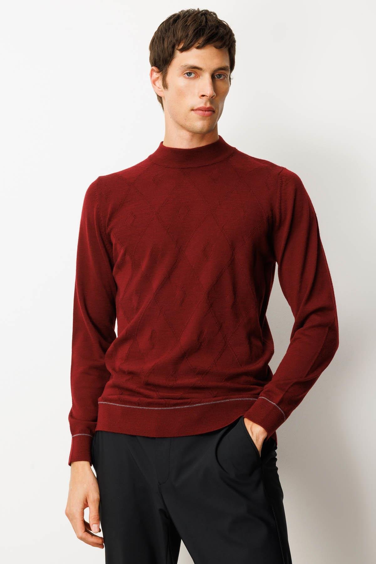 25605Erkek Yarım Balıkçı Yaka Çizgili Baklavalı Yün Kazak Bordo