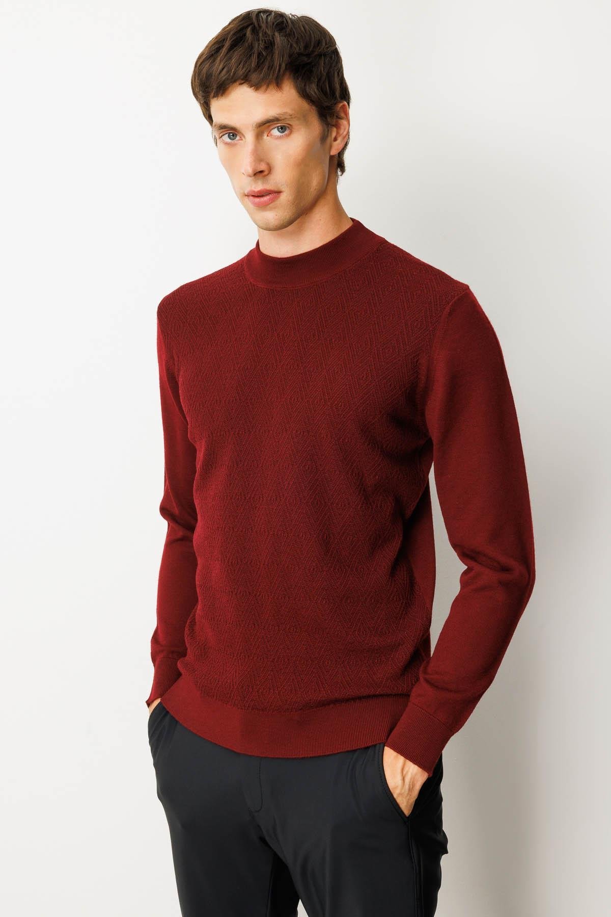 25609Erkek Yarım Balıkçı Yaka Önü Baklavalı Triko Kazak Bordo