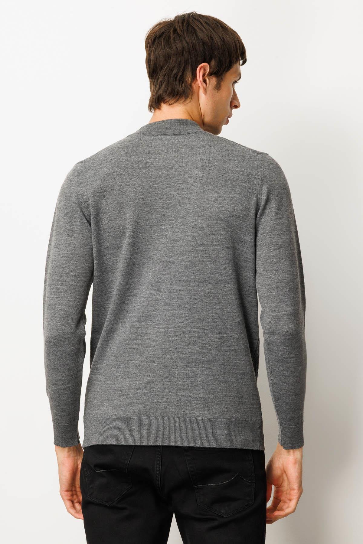 25609Erkek Yarım Balıkçı Yaka Önü Baklavalı Triko Kazak Füme