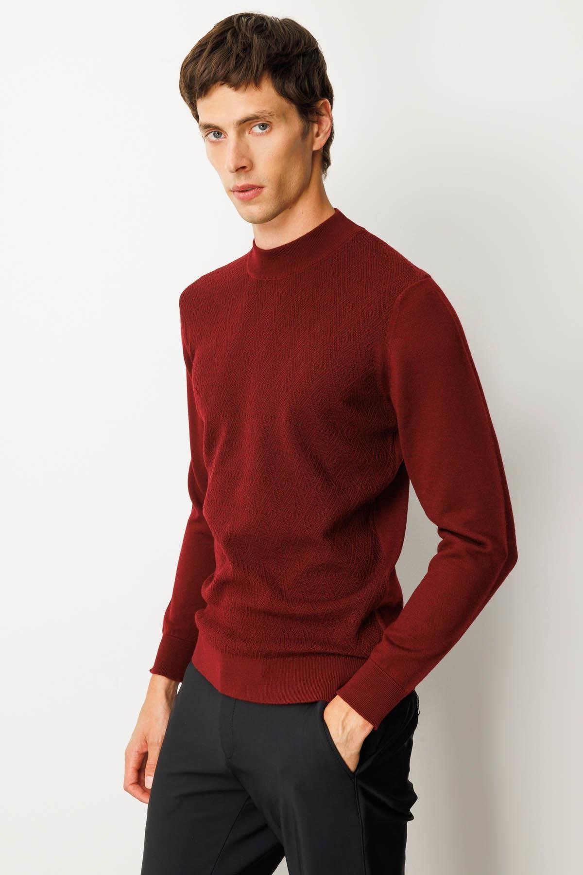 25609Erkek Yarım Balıkçı Yaka Önü Baklavalı Triko Kazak Bordo