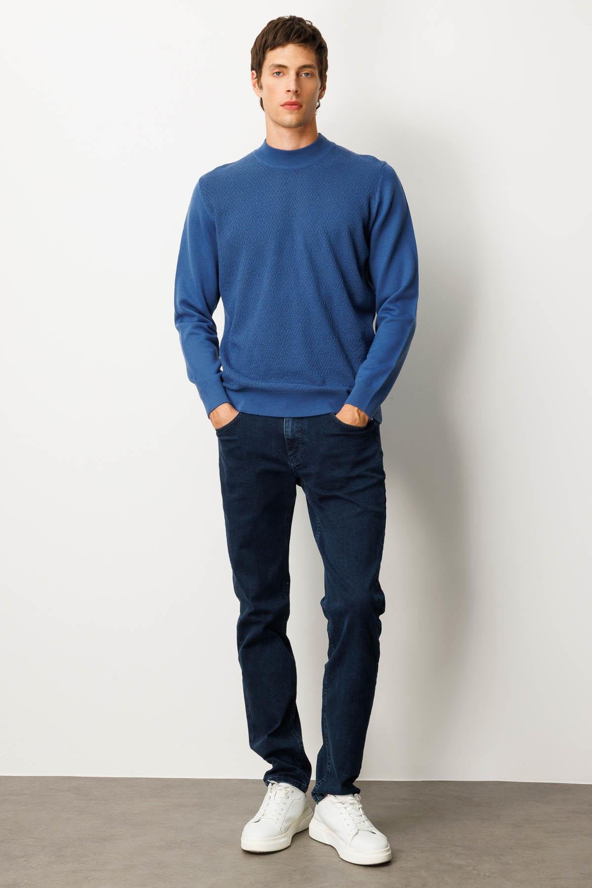 25609Erkek Yarım Balıkçı Yaka Önü Baklavalı Triko Kazak H.Mavi