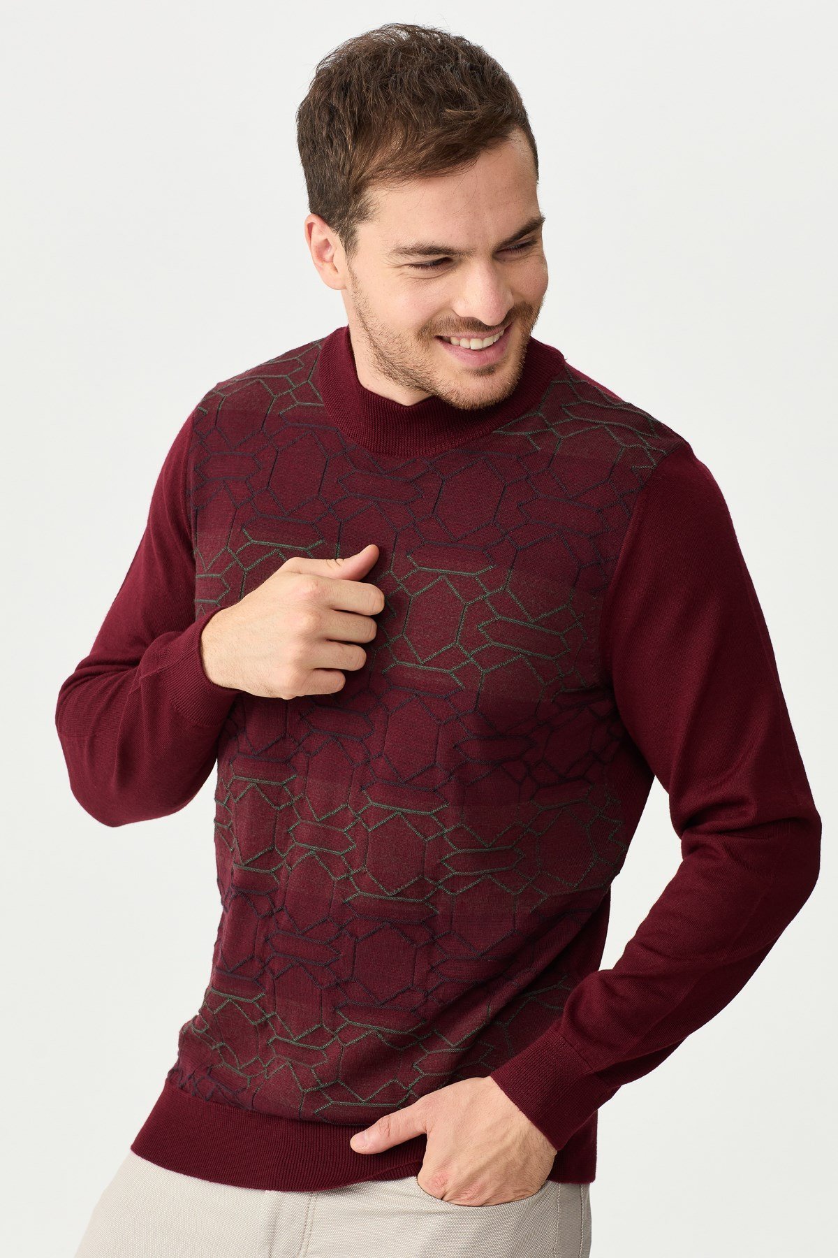 22612Erkek Yarım Balıkçı Yaka Önü Desenli Kazak Bordo