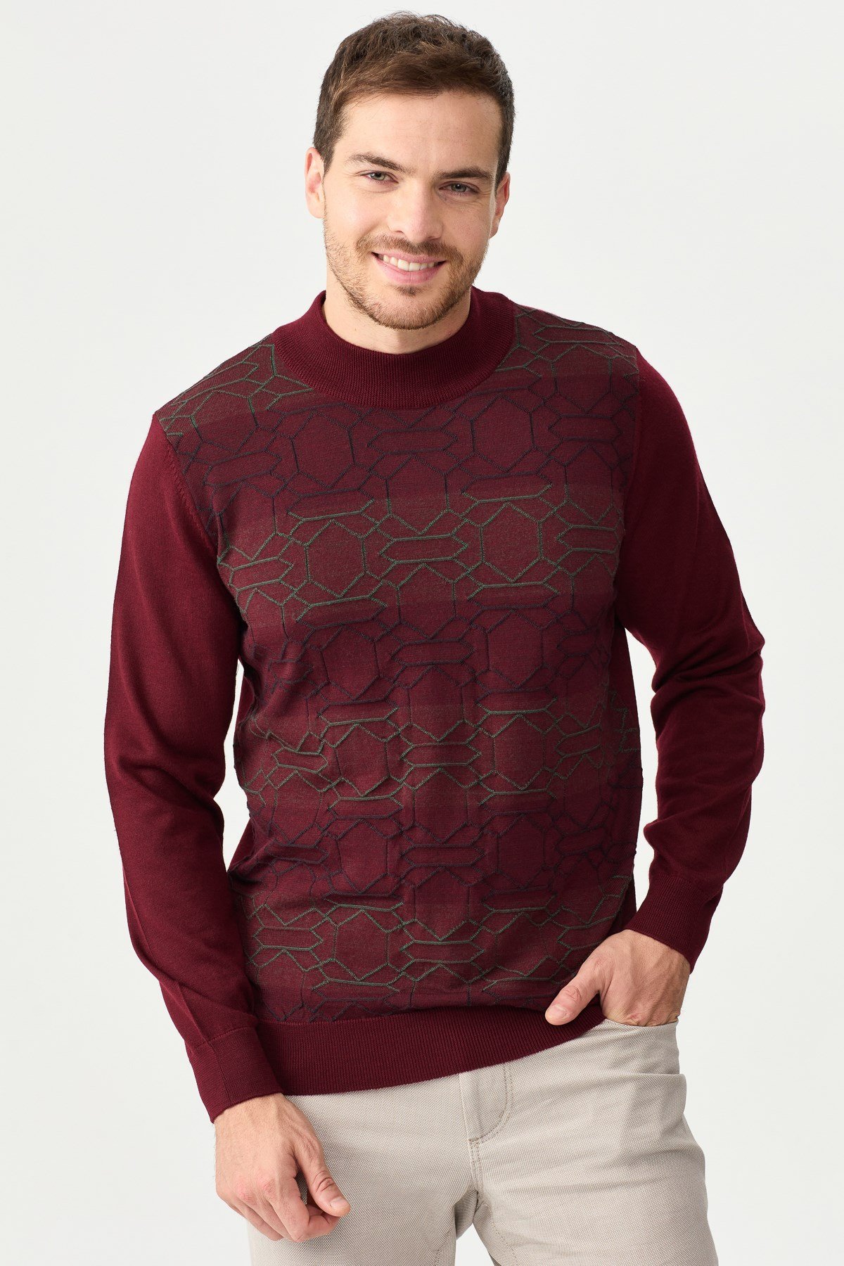 22612Erkek Yarım Balıkçı Yaka Önü Desenli Kazak Bordo