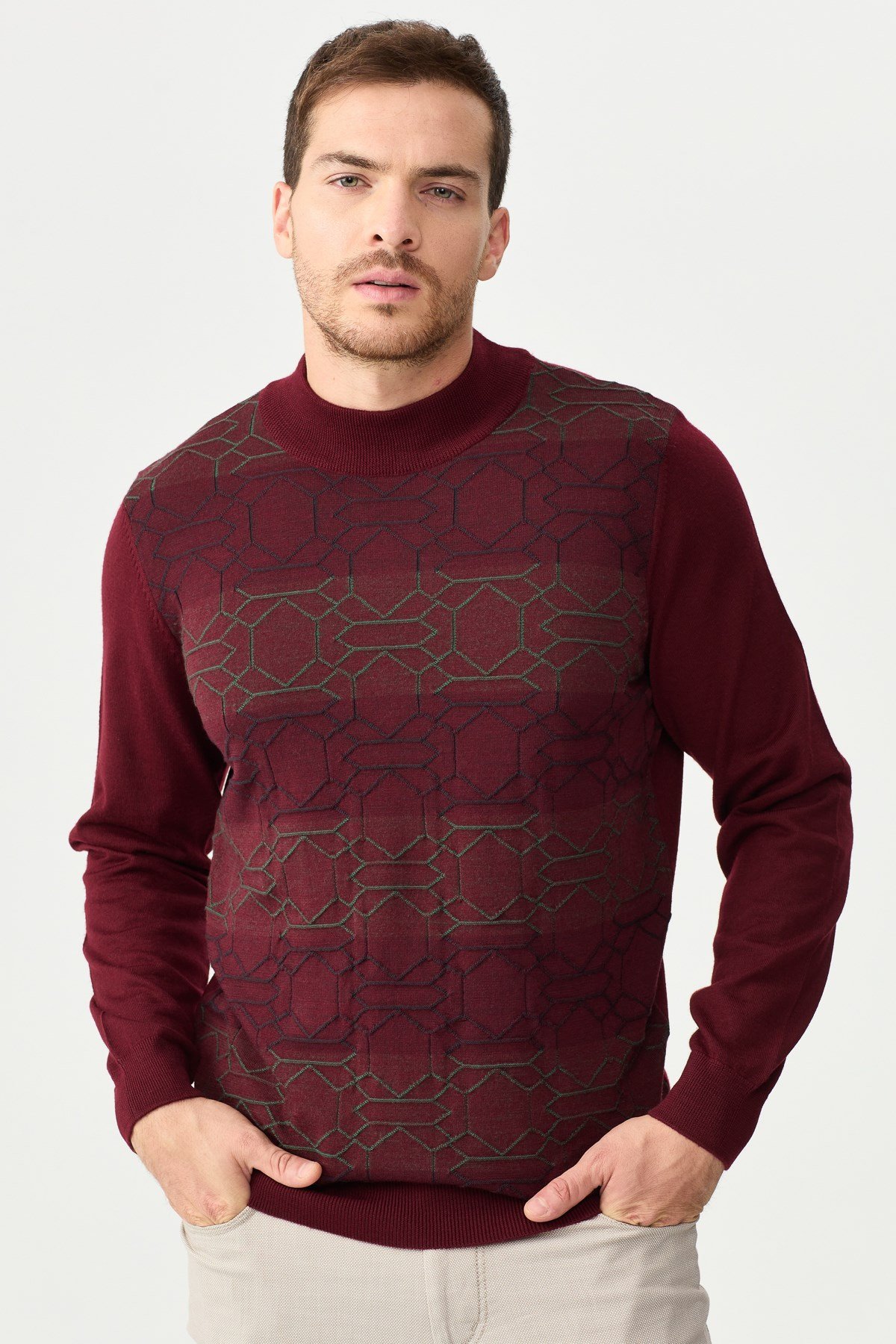 22612Erkek Yarım Balıkçı Yaka Önü Desenli Kazak Bordo