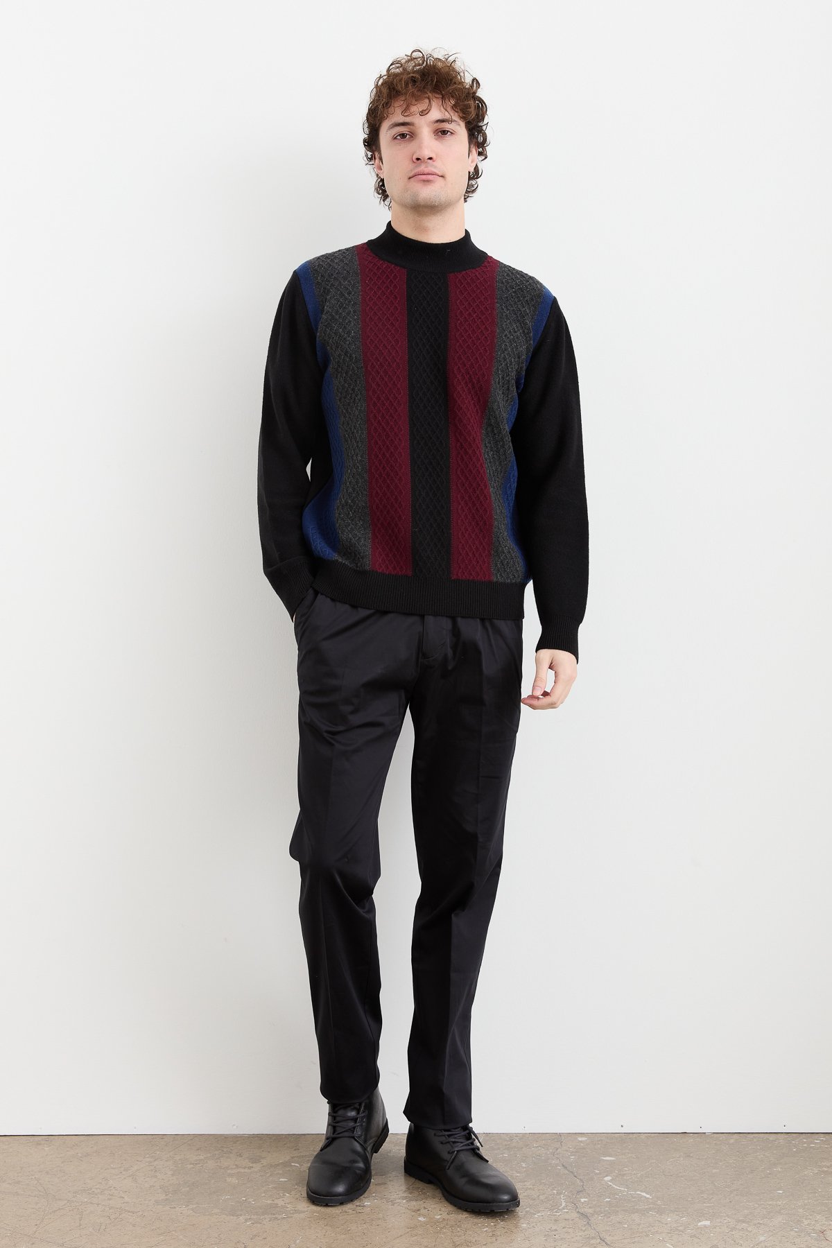 23506Erkek Yarım Balıkçı Yaka Önü Renkli Yün Kazak Siyah