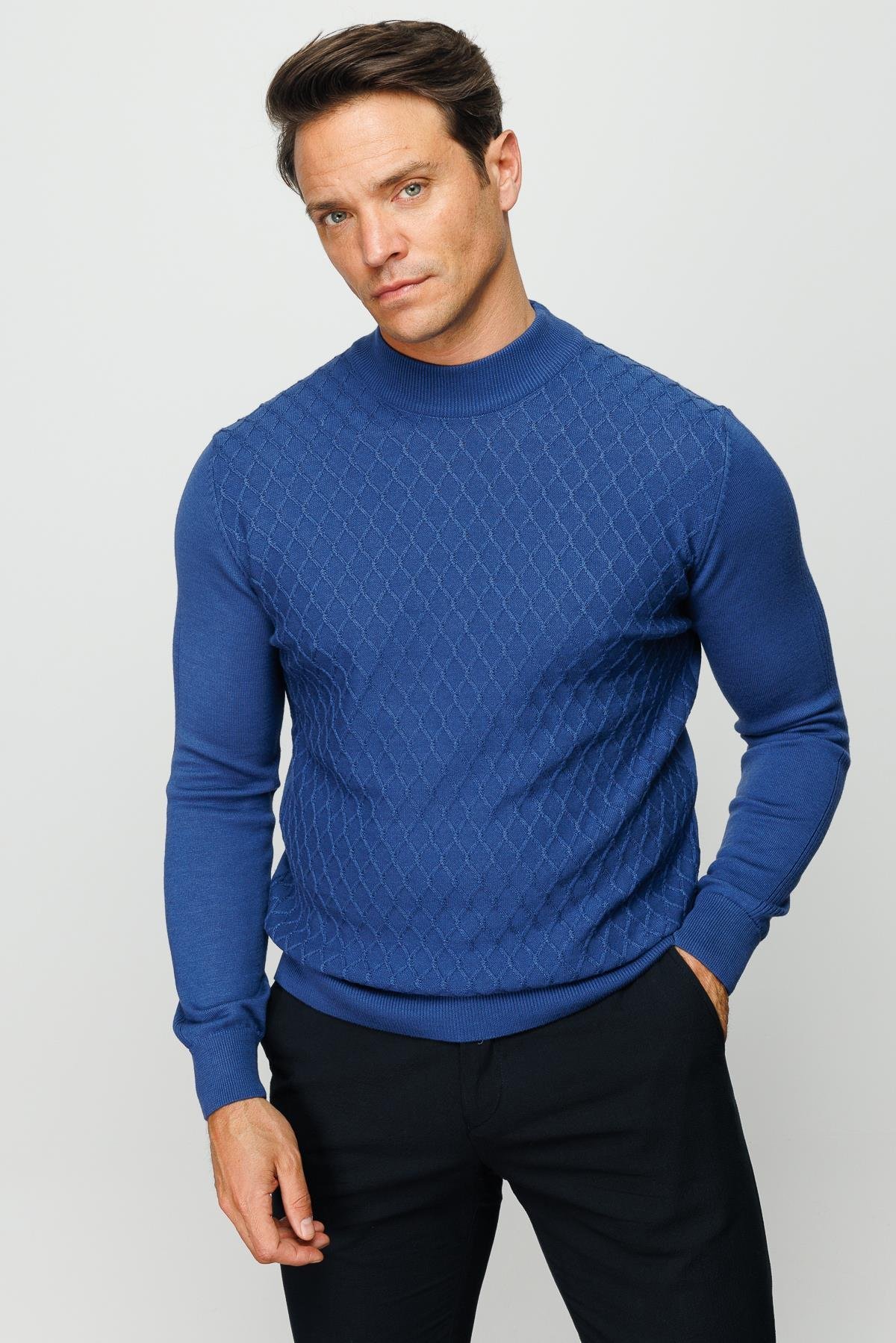 22525Erkek Yarım Balıkçı Yaka Petek Desenli Kazak İndigo