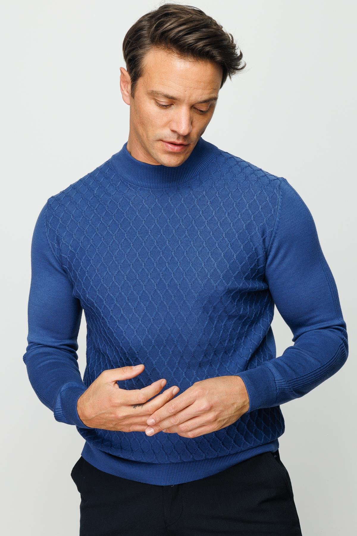 22525Erkek Yarım Balıkçı Yaka Petek Desenli Kazak İndigo