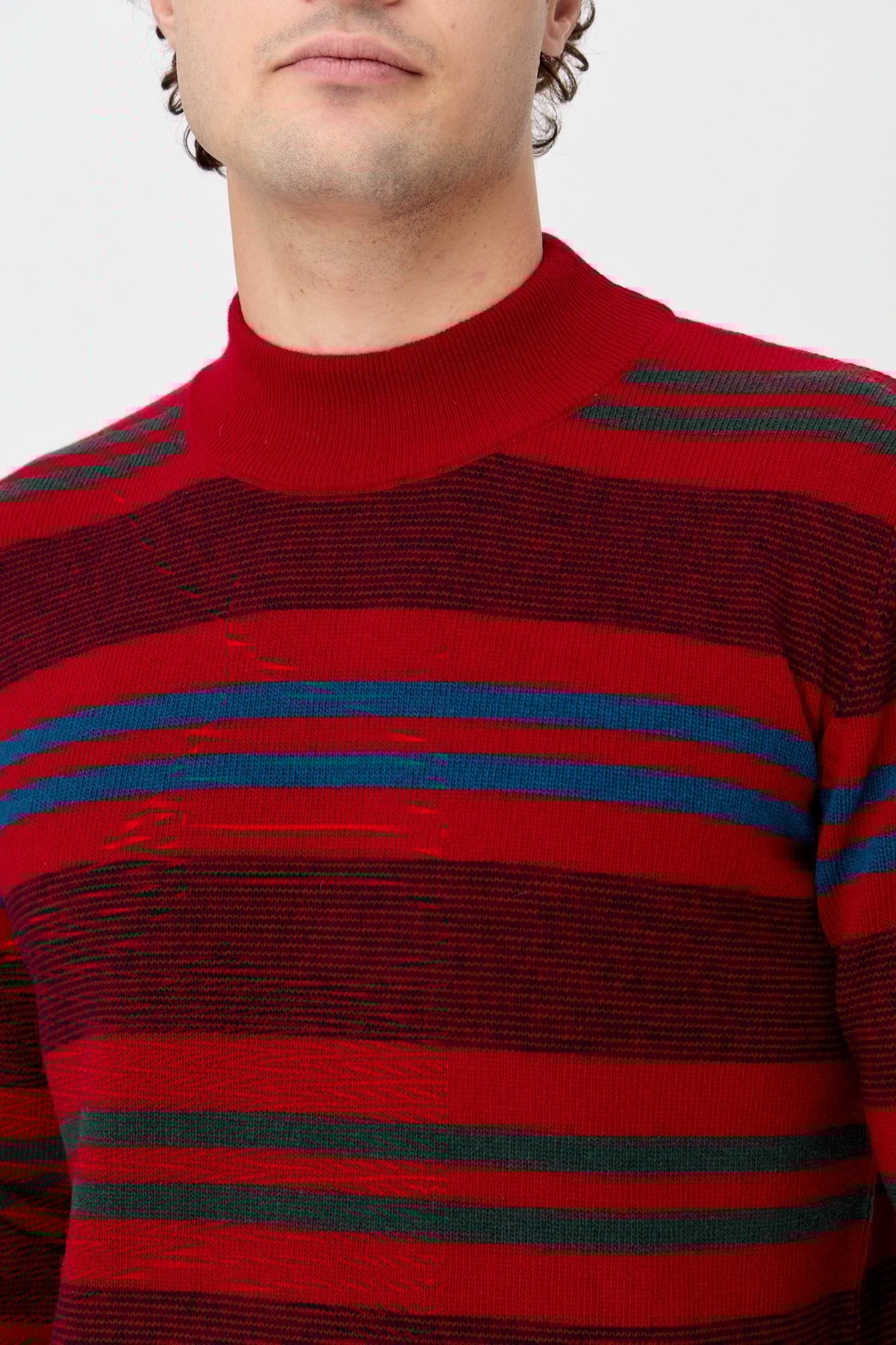 23501Erkek Yarım Balıkçı Yaka Renkli Çizgili Yün Kazak K.Kırmızı