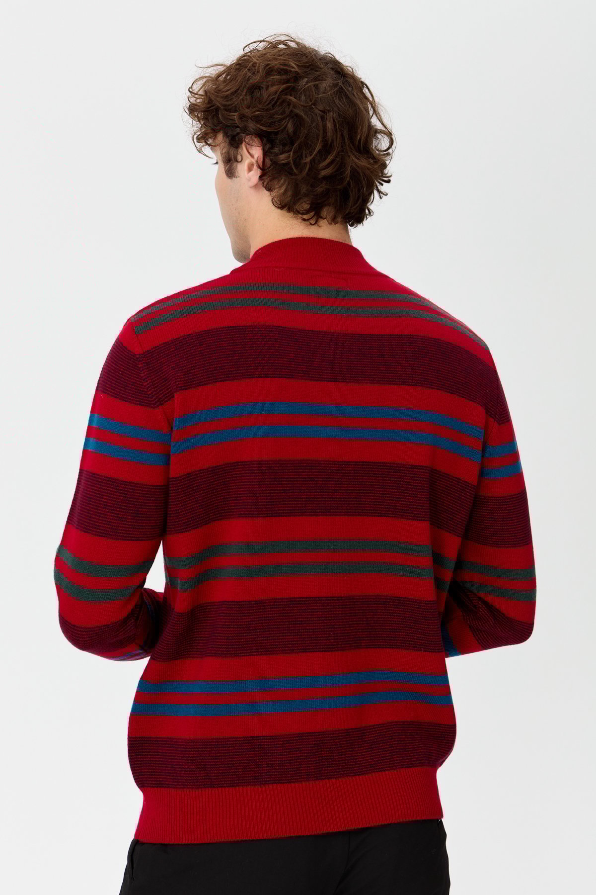 23501Erkek Yarım Balıkçı Yaka Renkli Çizgili Yün Kazak K.Kırmızı