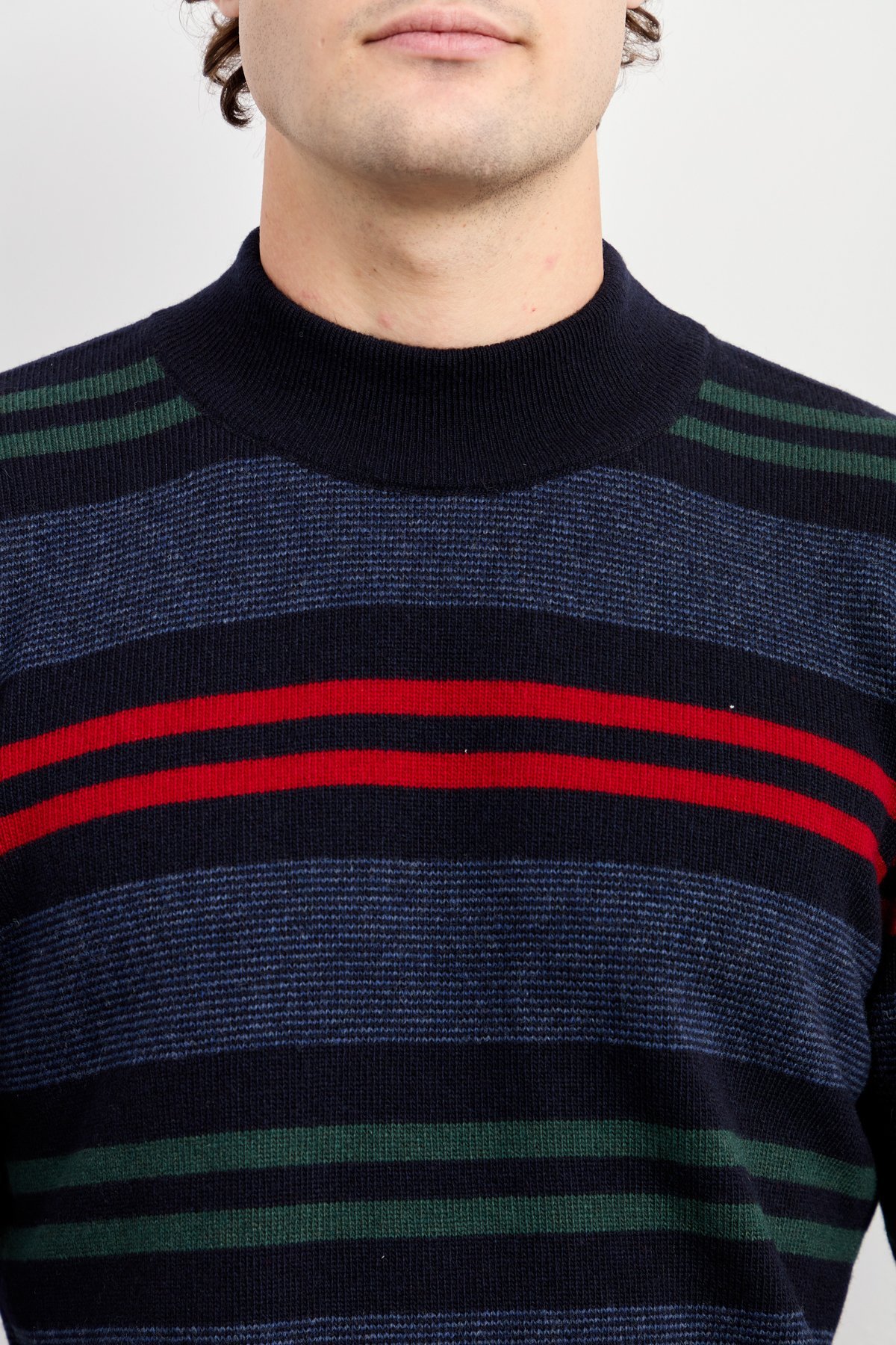 23501Erkek Yarım Balıkçı Yaka Renkli Çizgili Yün Kazak K.Lacivert