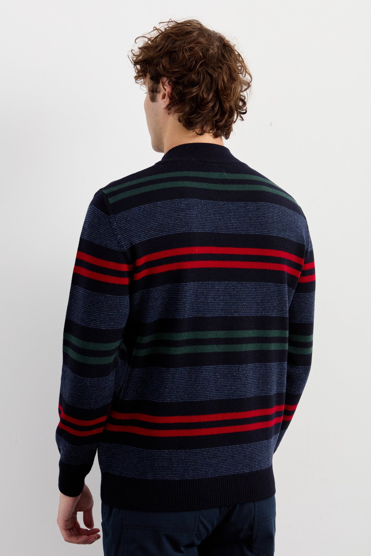 23501Erkek Yarım Balıkçı Yaka Renkli Çizgili Yün Kazak K.Lacivert