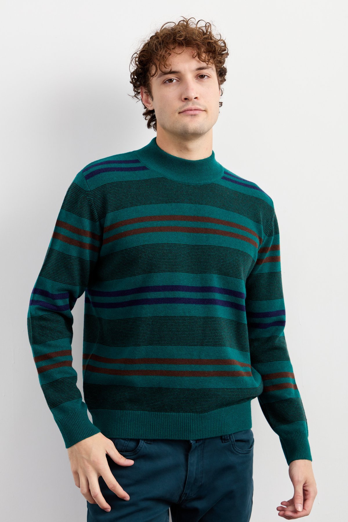 23501Erkek Yarım Balıkçı Yaka Renkli Çizgili Yün Kazak K.Ö.başı