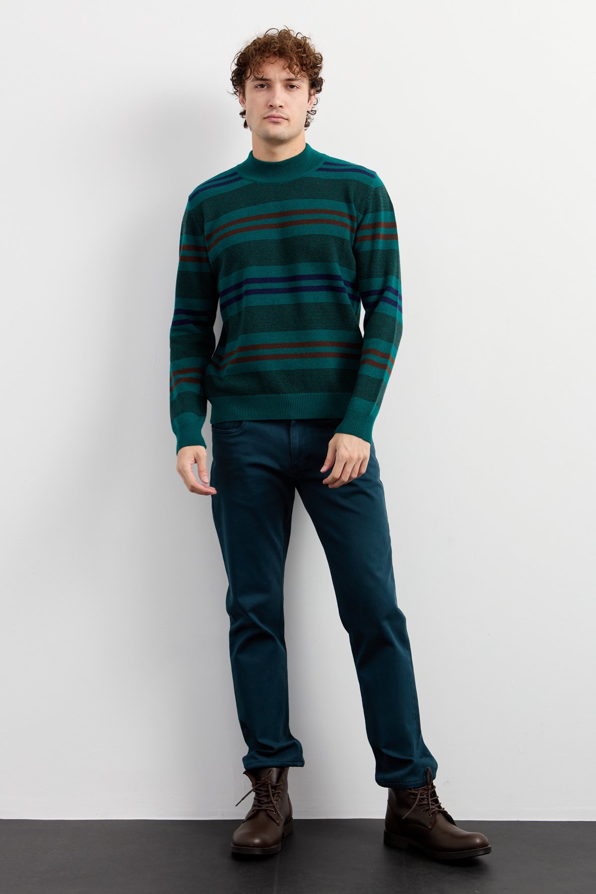 23501Erkek Yarım Balıkçı Yaka Renkli Çizgili Yün Kazak K.Ö.başı