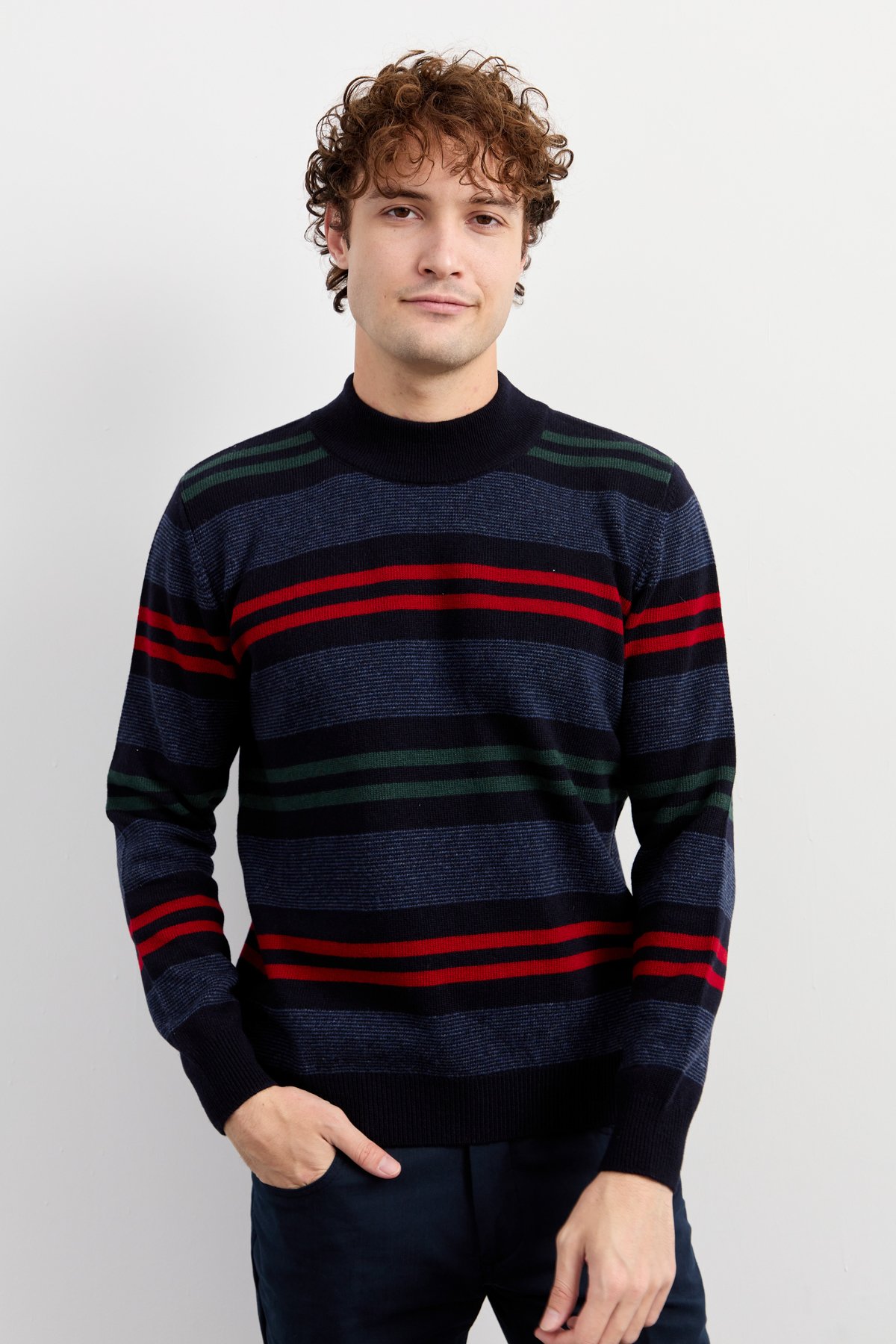 23501Erkek Yarım Balıkçı Yaka Renkli Çizgili Yün Kazak K.Lacivert