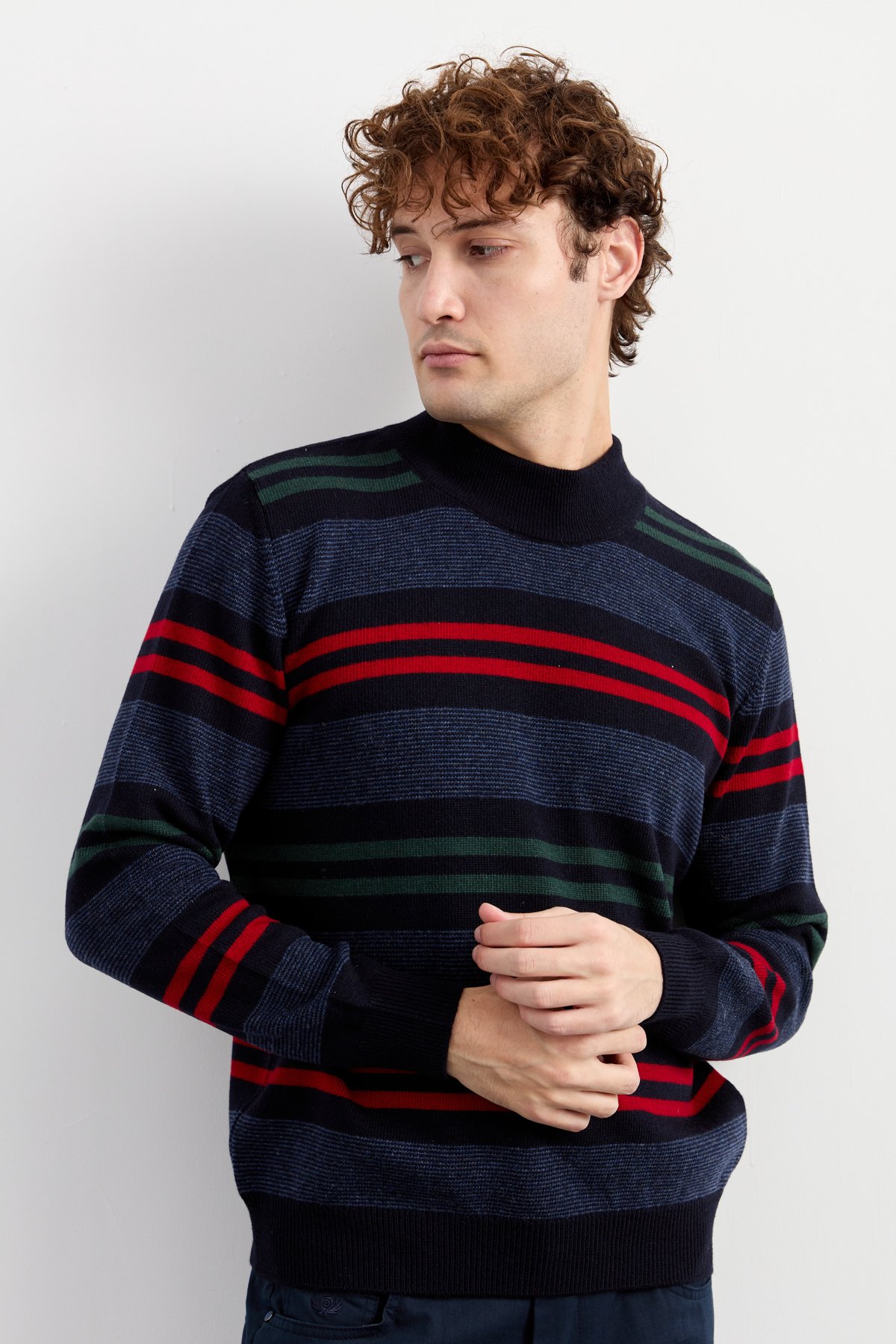 23501Erkek Yarım Balıkçı Yaka Renkli Çizgili Yün Kazak K.Lacivert