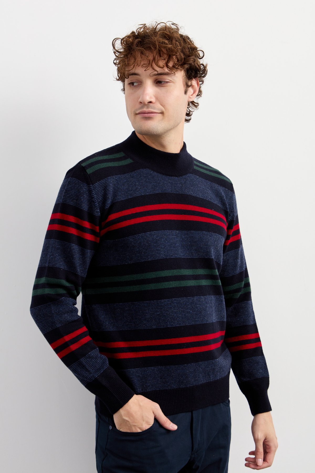 23501Erkek Yarım Balıkçı Yaka Renkli Çizgili Yün Kazak K.Lacivert