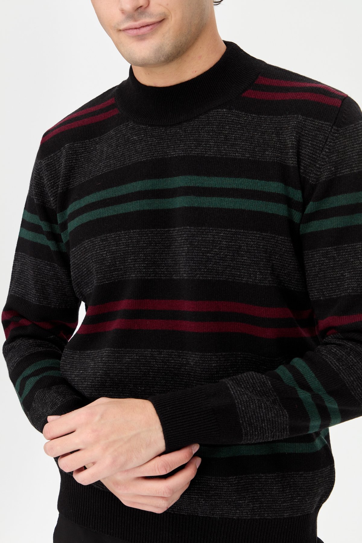 23501Erkek Yarım Balıkçı Yaka Renkli Çizgili Yün Kazak Siyah