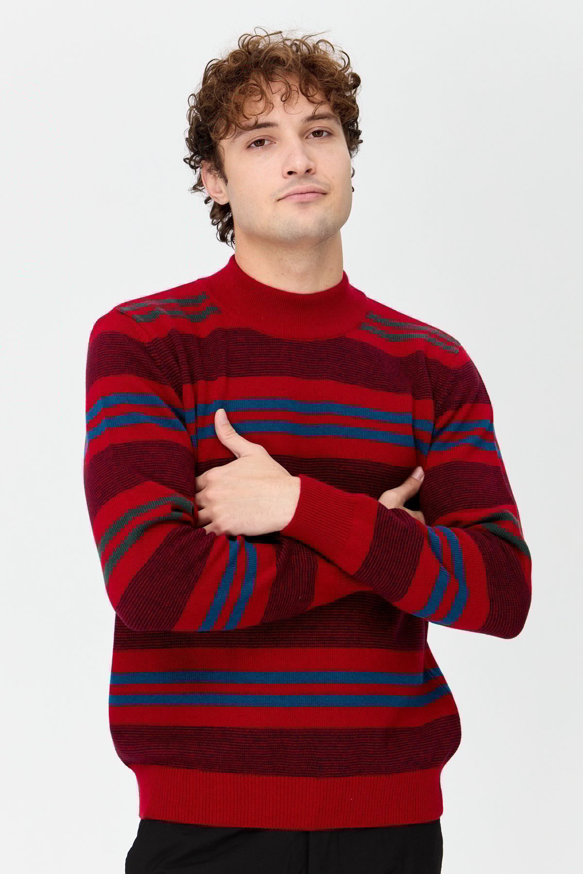 23501Erkek Yarım Balıkçı Yaka Renkli Çizgili Yün Kazak K.Kırmızı