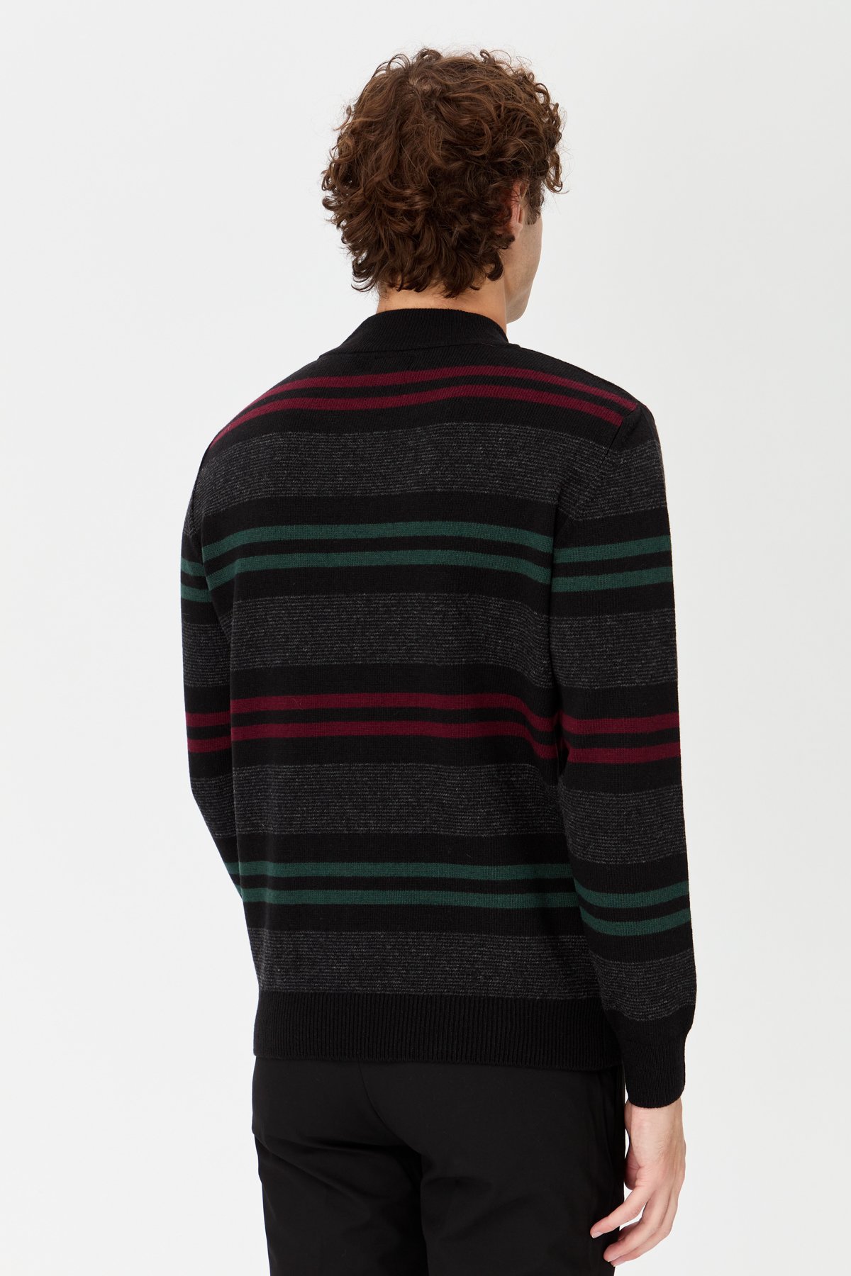 23501Erkek Yarım Balıkçı Yaka Renkli Çizgili Yün Kazak Siyah