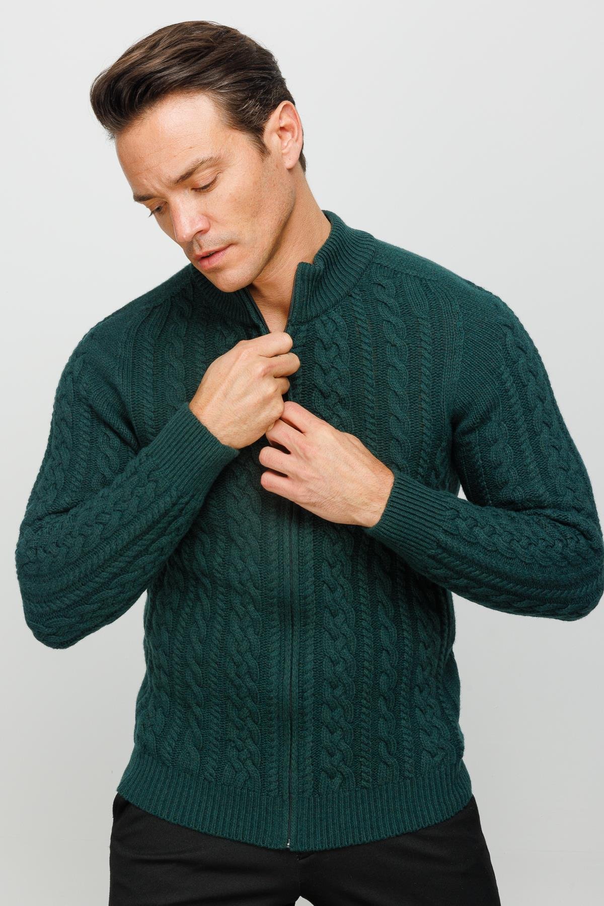 22587Erkek Yarım Balıkçı Yaka Saç Örgülü Yün Ceket Yeşil