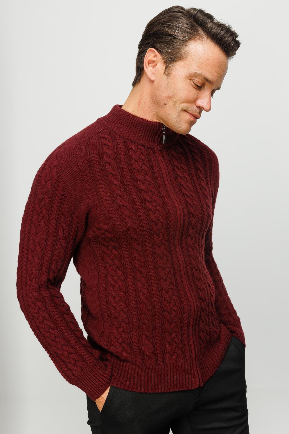 22587Erkek Yarım Balıkçı Yaka Saç Örgülü Yün Ceket Bordo