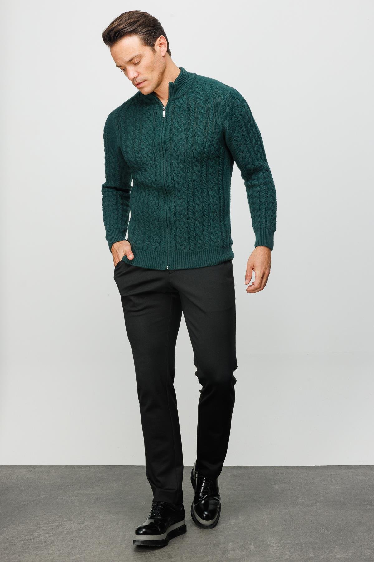 22587Erkek Yarım Balıkçı Yaka Saç Örgülü Yün Ceket Yeşil
