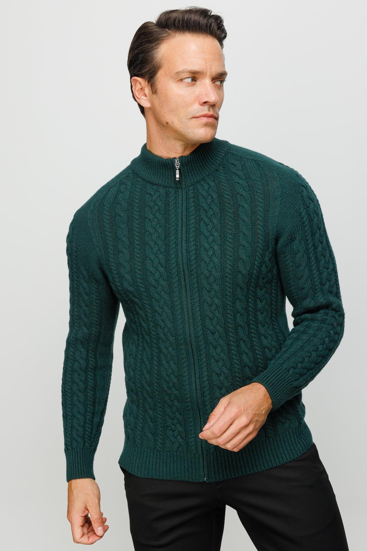22587Erkek Yarım Balıkçı Yaka Saç Örgülü Yün Ceket Yeşil