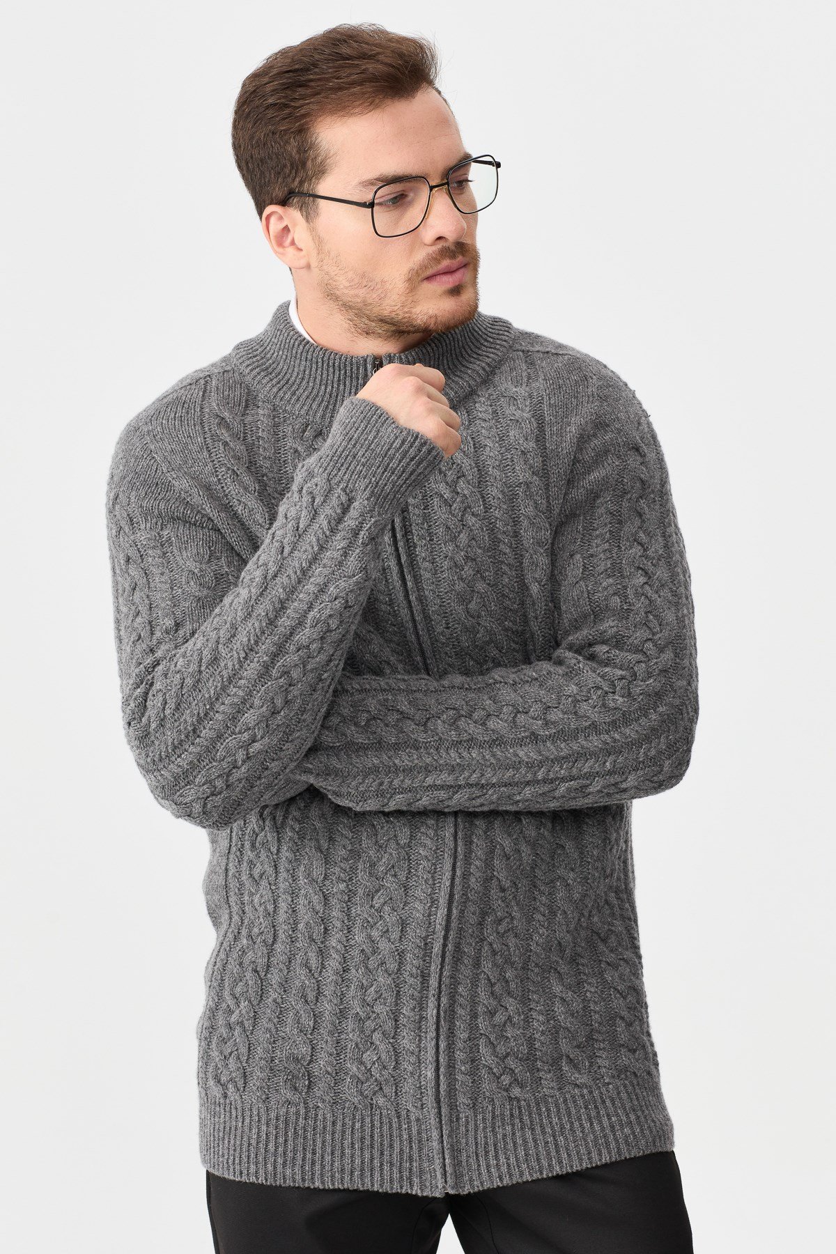 22587Erkek Yarım Balıkçı Yaka Saç Örgülü Yün Ceket Füme