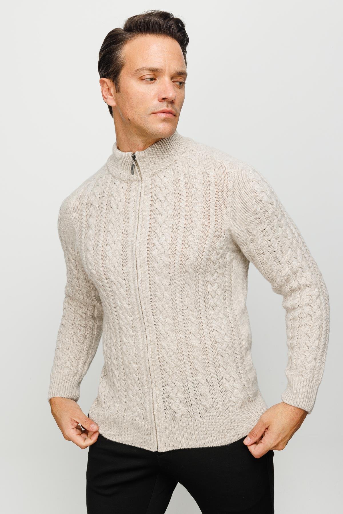 22587Erkek Yarım Balıkçı Yaka Saç Örgülü Yün Ceket V.Bej
