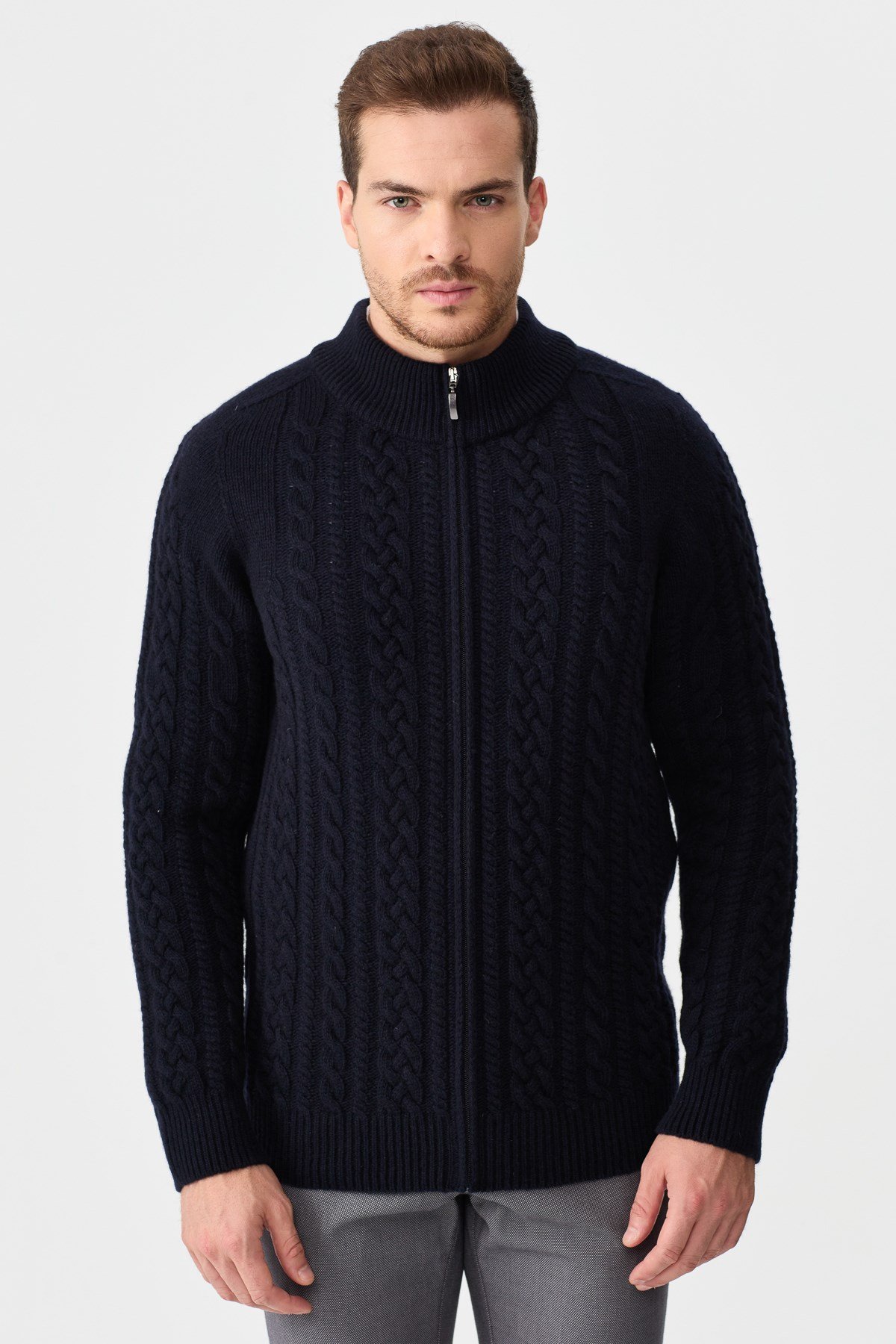 22587Erkek Yarım Balıkçı Yaka Saç Örgülü Yün Ceket K.Lacivert