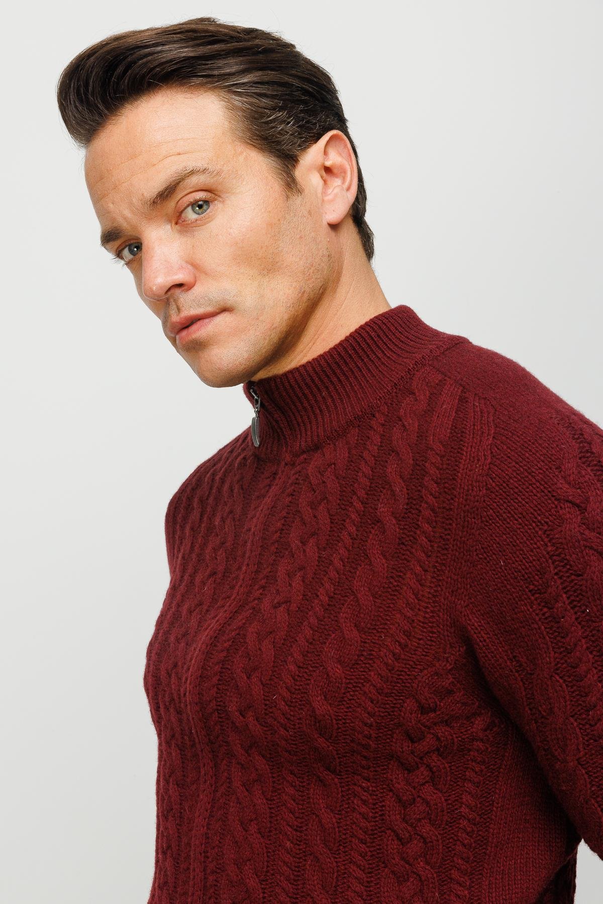 22587Erkek Yarım Balıkçı Yaka Saç Örgülü Yün Ceket Bordo