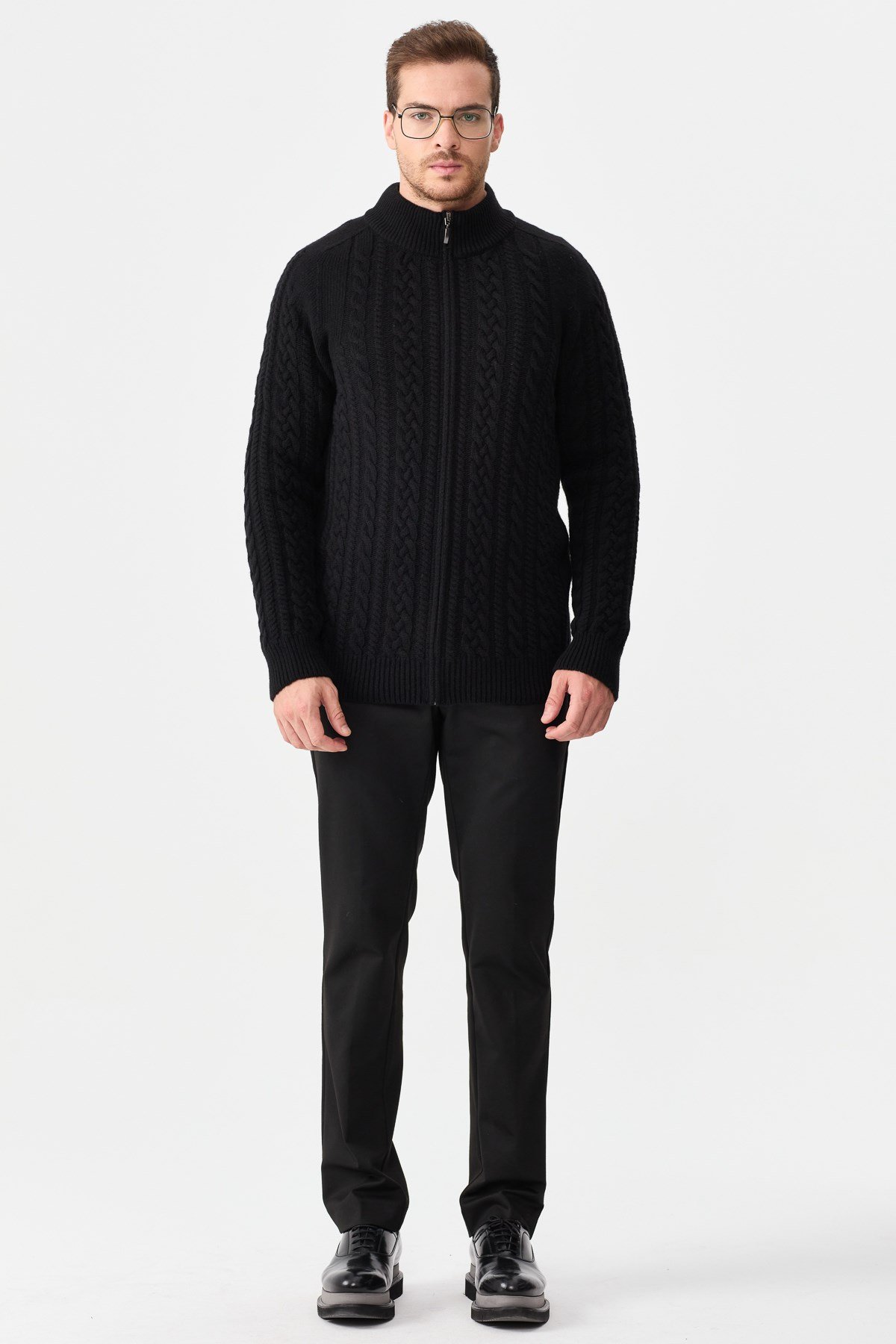 22587Erkek Yarım Balıkçı Yaka Saç Örgülü Yün Ceket Siyah