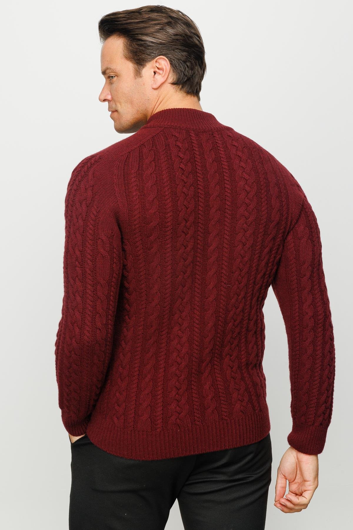 22587Erkek Yarım Balıkçı Yaka Saç Örgülü Yün Ceket Bordo