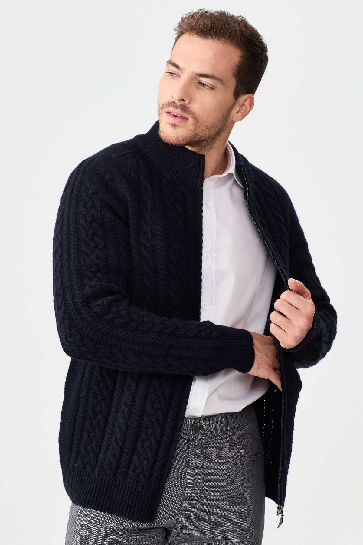22587Erkek Yarım Balıkçı Yaka Saç Örgülü Yün Ceket K.Lacivert