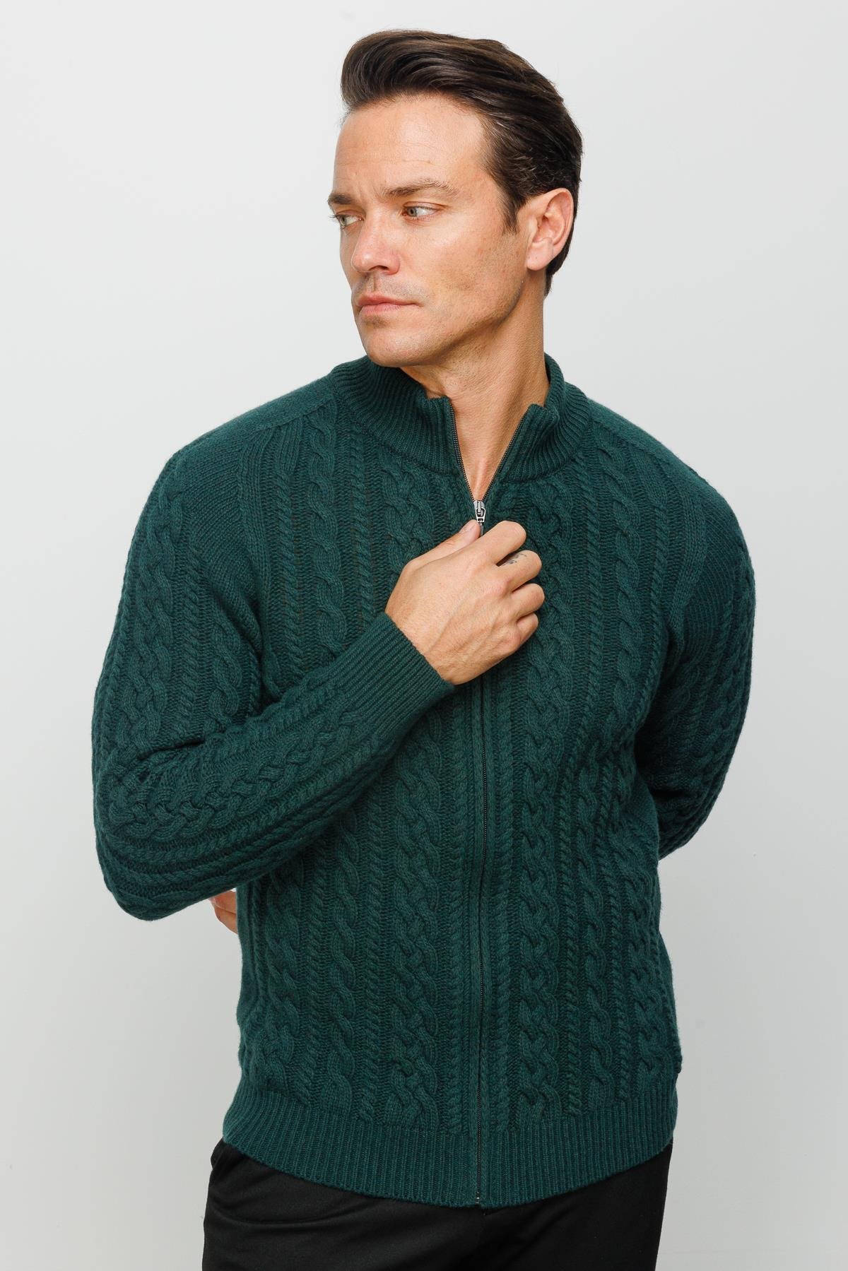 22587Erkek Yarım Balıkçı Yaka Saç Örgülü Yün Ceket Yeşil