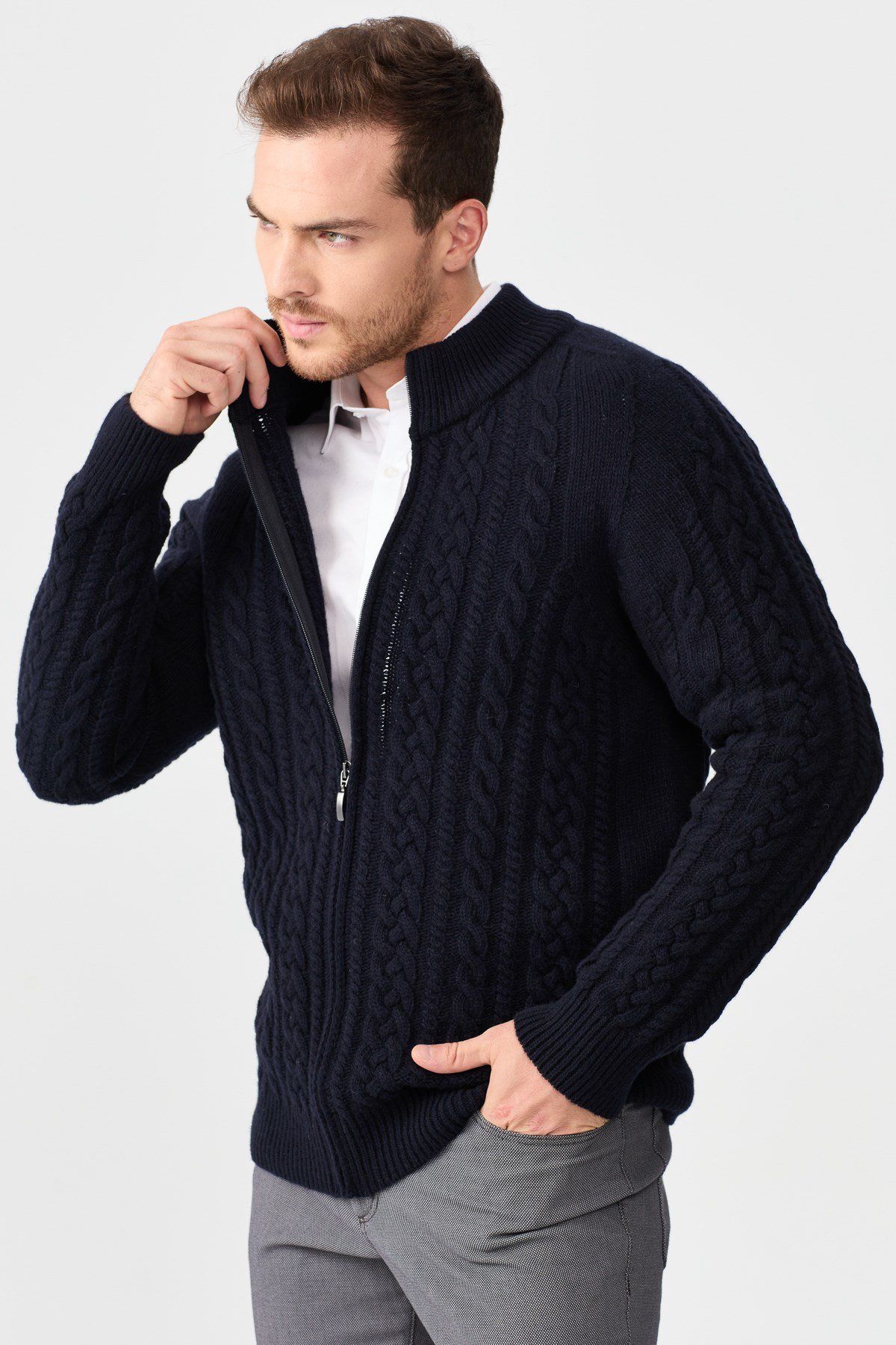 22587Erkek Yarım Balıkçı Yaka Saç Örgülü Yün Ceket K.Lacivert