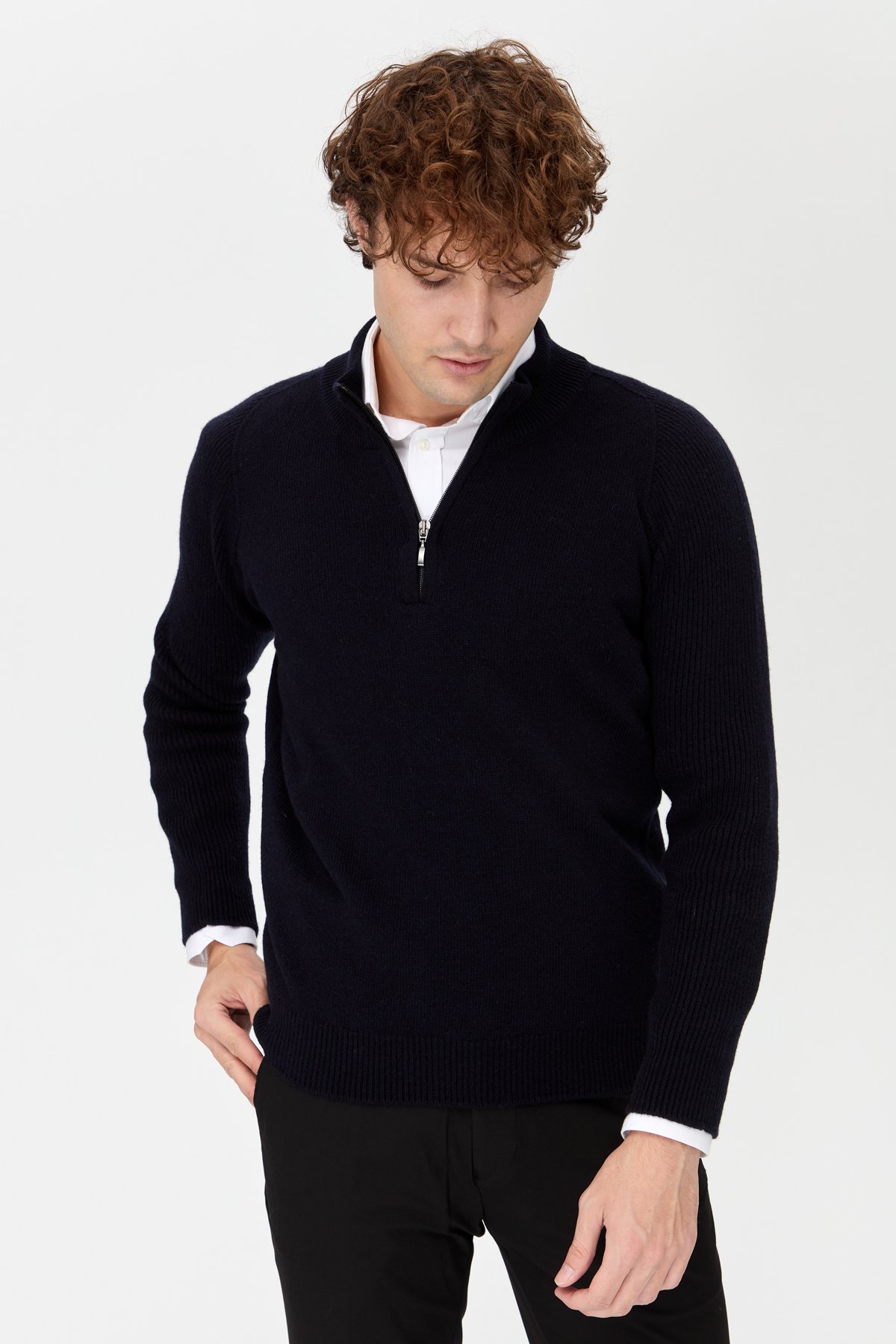 22590Erkek Yarım Balıkçı Yaka Yakası Fermuarlı Yün Kazak K.Lacivert