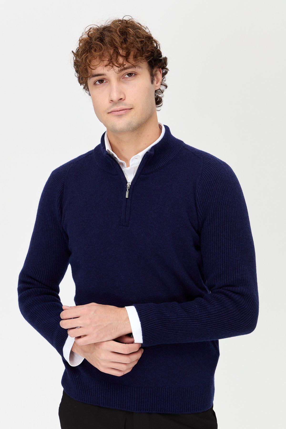 22590Erkek Yarım Balıkçı Yaka Yakası Fermuarlı Yün Kazak Y.A Lacivert