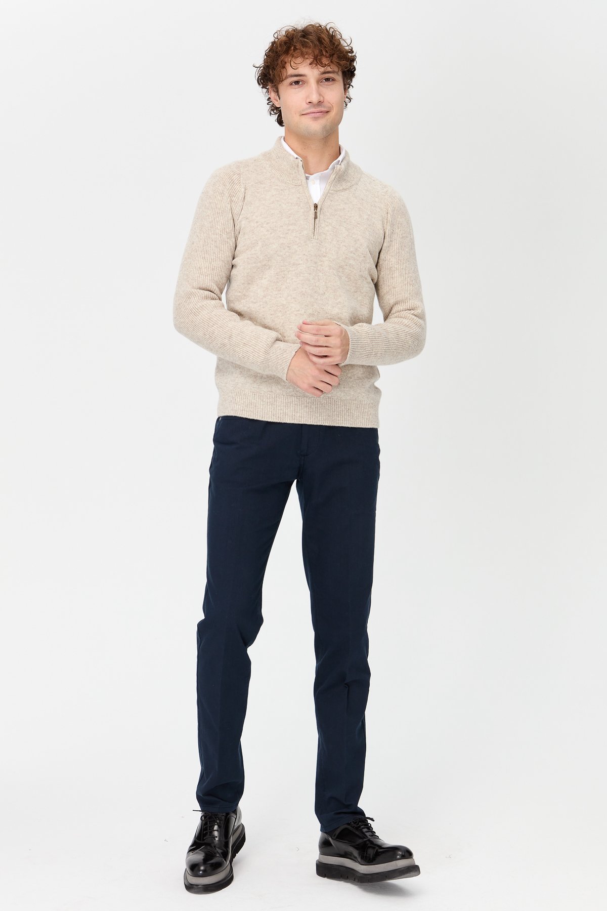 22590Erkek Yarım Balıkçı Yaka Yakası Fermuarlı Yün Kazak V.Bej