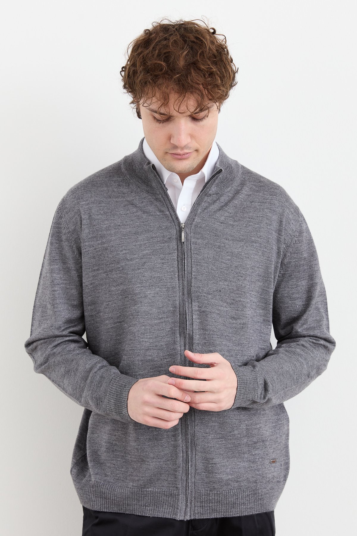 23666Erkek Yarım Balıkçı Yaka Yün Ceket Füme