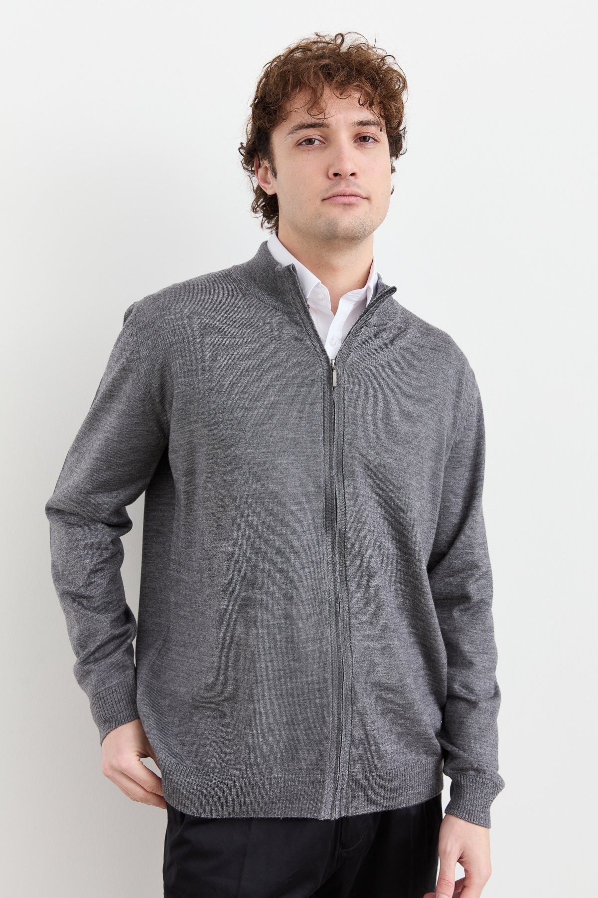 23666Erkek Yarım Balıkçı Yaka Yün Ceket Füme