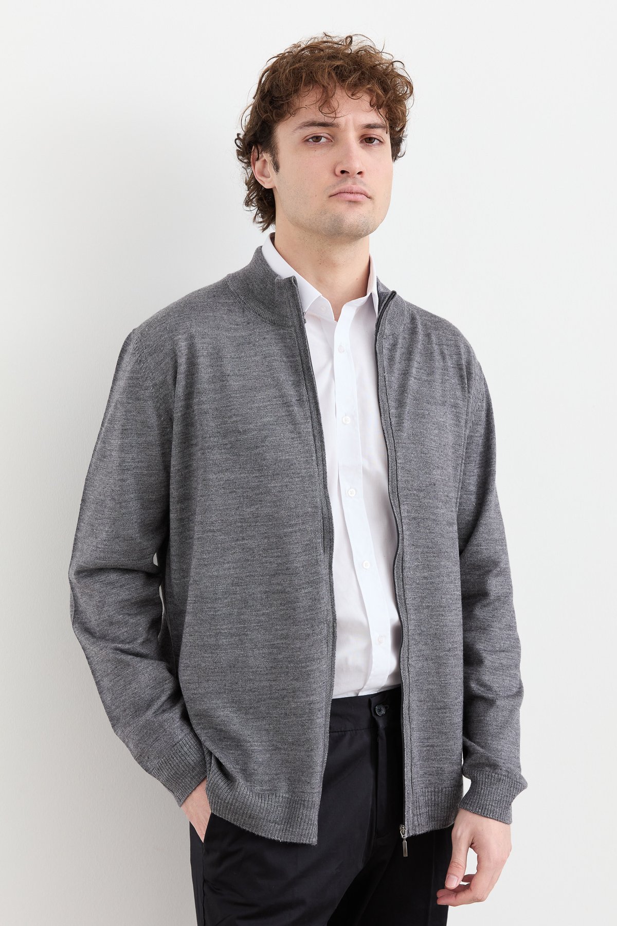 23666Erkek Yarım Balıkçı Yaka Yün Ceket Füme