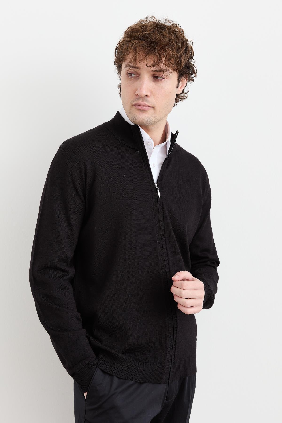 23666Erkek Yarım Balıkçı Yaka Yün Ceket Siyah