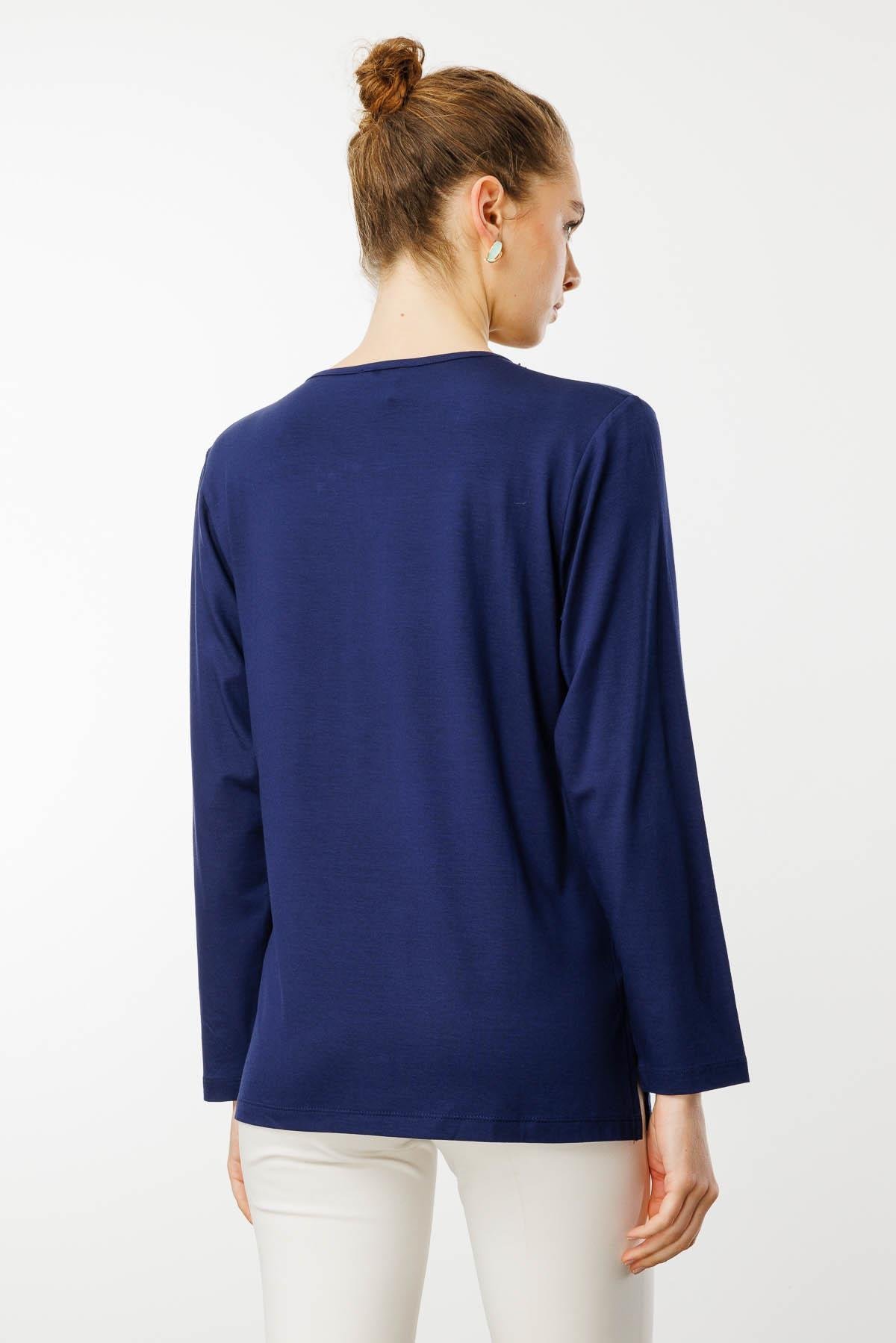 24753Kadın Açma Yaka Dantel Çiçek İşlemeli Penye Bluz Lacivert