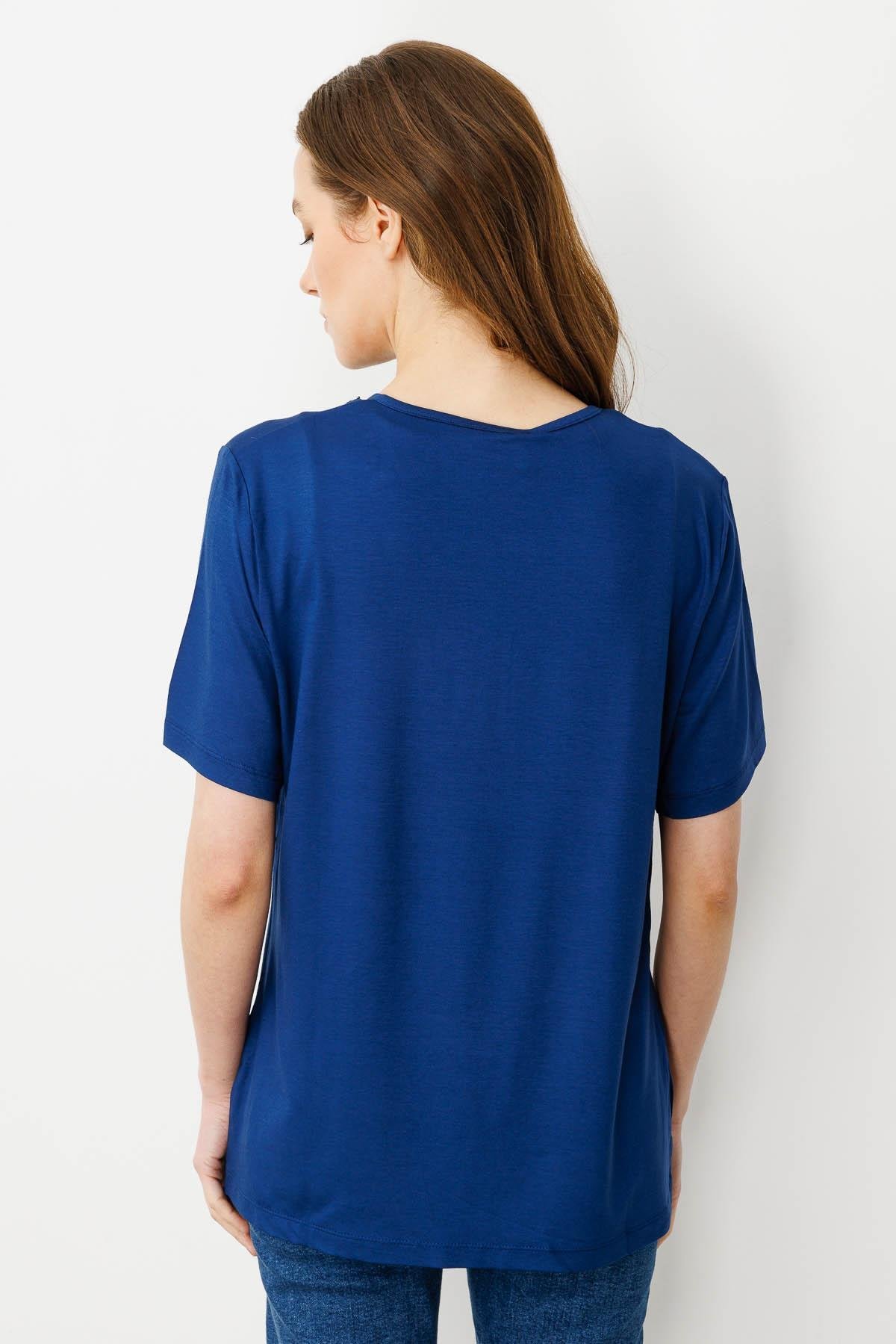 24751Kadın Açma Yaka Dantel Çiçek İşlemeli Penye T-Shirt İndigo