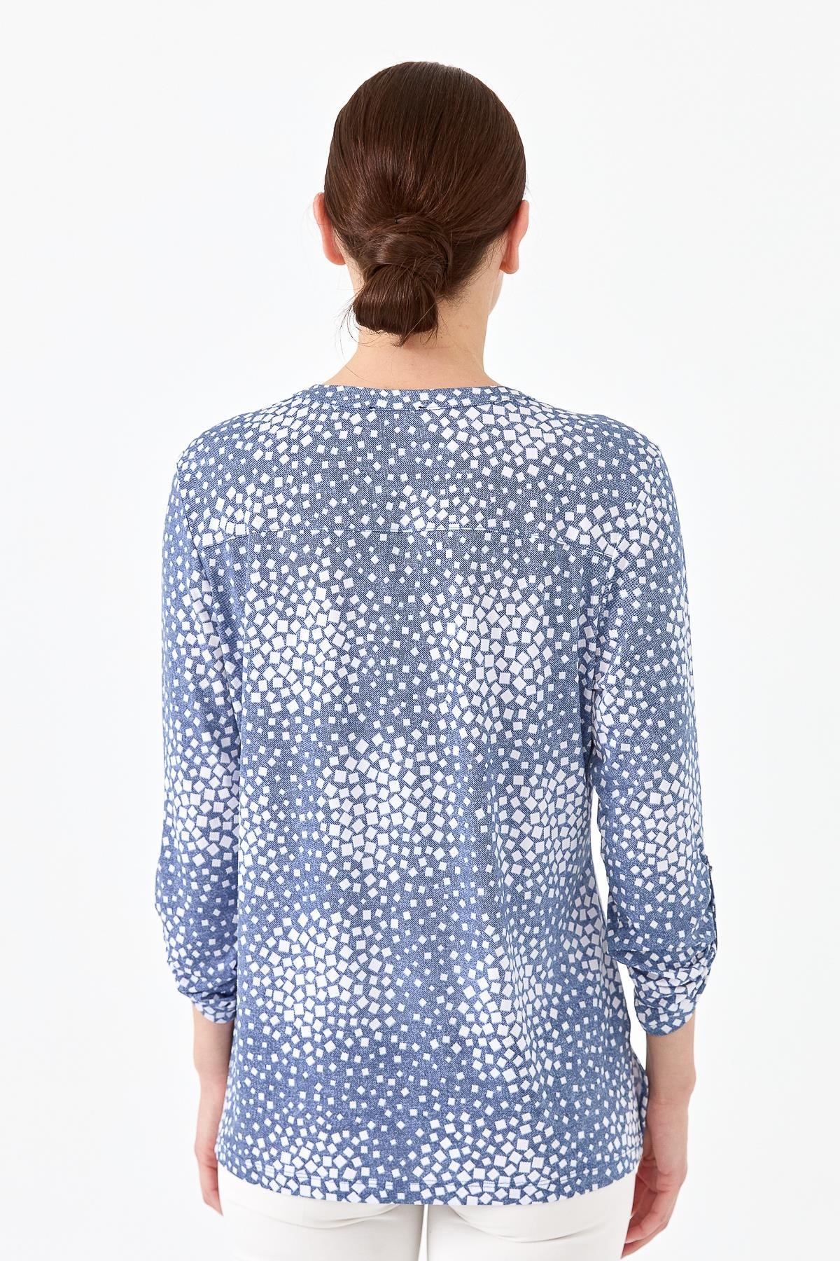 23454Kadın Yakası Patlı İki Renkli Penye Bluz İndigo