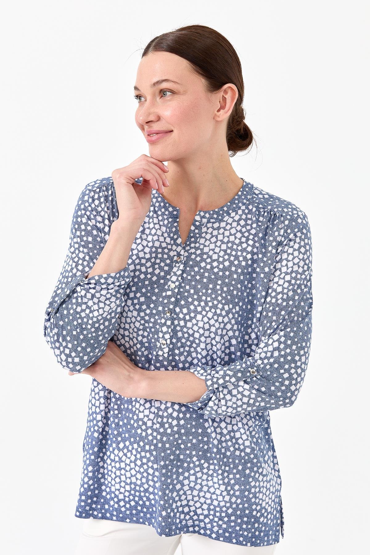 23454Kadın Yakası Patlı İki Renkli Penye Bluz İndigo