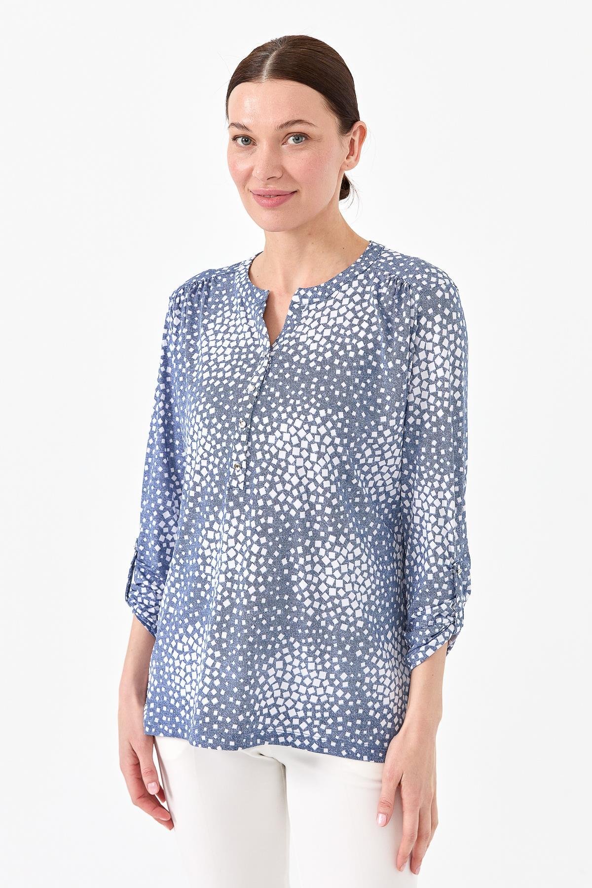 23454Kadın Yakası Patlı İki Renkli Penye Bluz İndigo